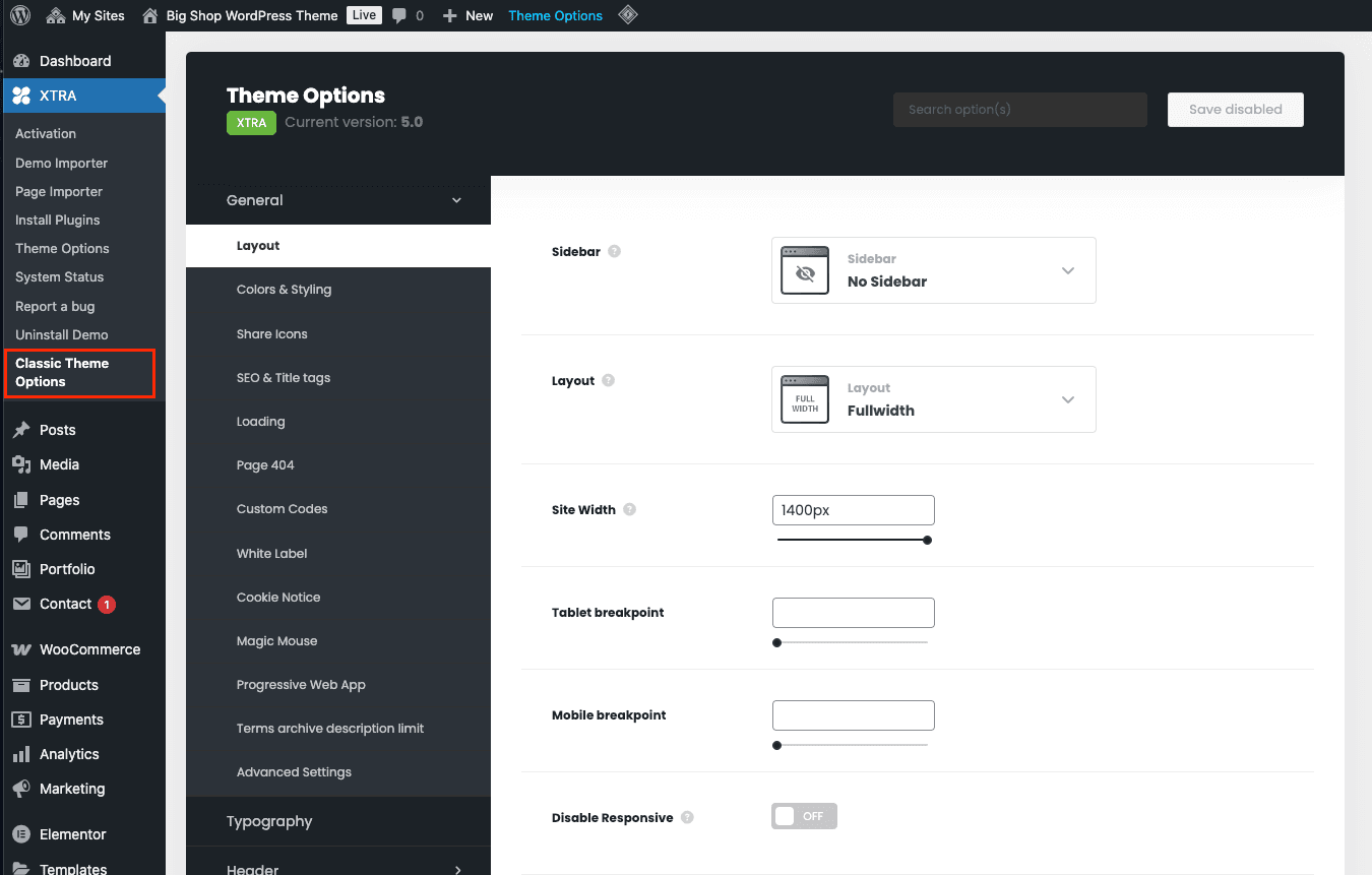 Classic theme options